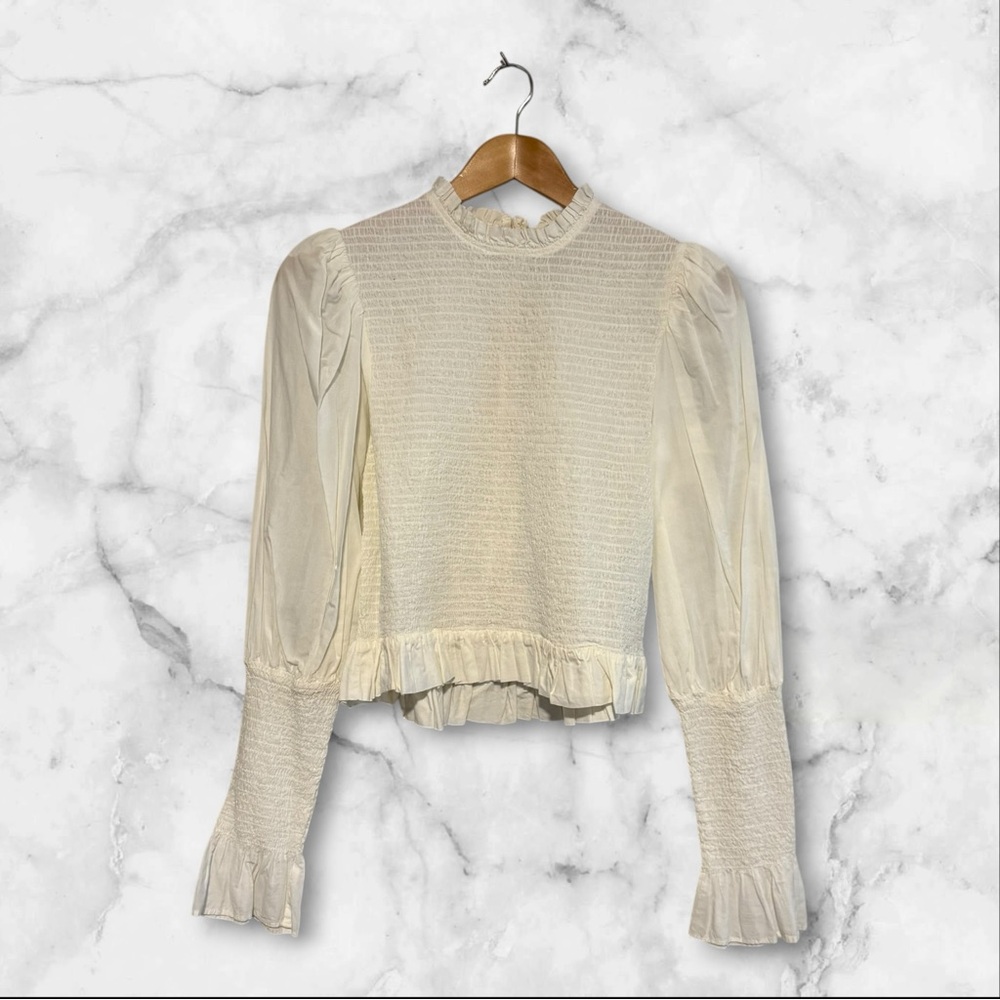 🤍 Farm Rio | Smocked Cotton Ruffle Blouse | Off-White | Size M - Picture 2 of 14